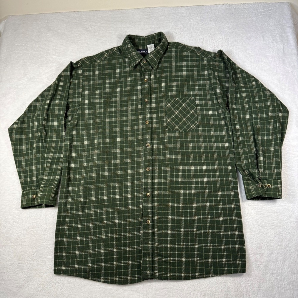 Puritan Button Down Shirt Mens XL Tall Green Plaid Flannel Cotton USA